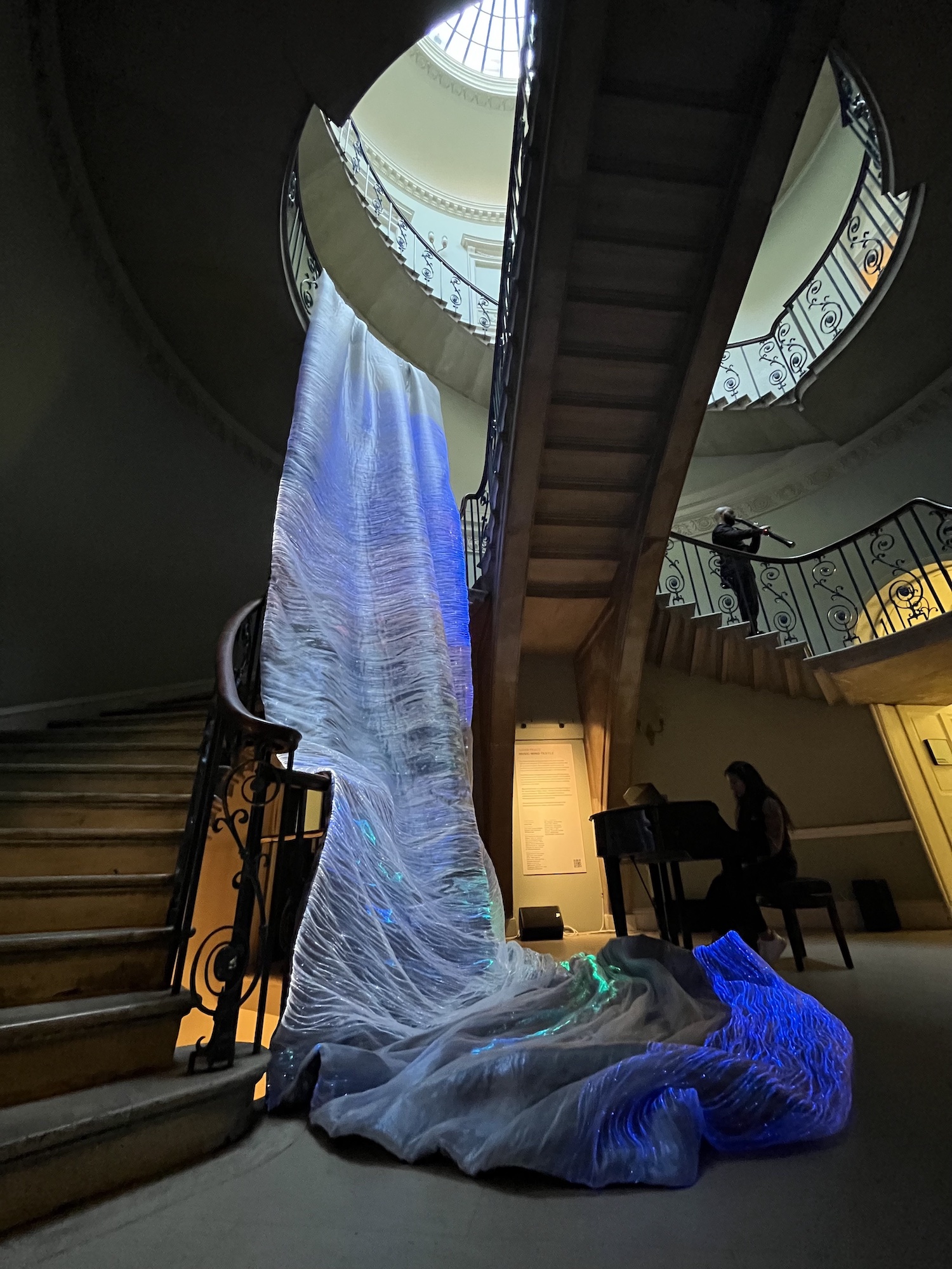 Amelia Peng’s ‘Music-Mind-Textile’ installed at Somerset House with musicians from the Royal College of Music playing live on the opening night of the London Design Biennale. Aaron Hargreaves / Foster + Partners