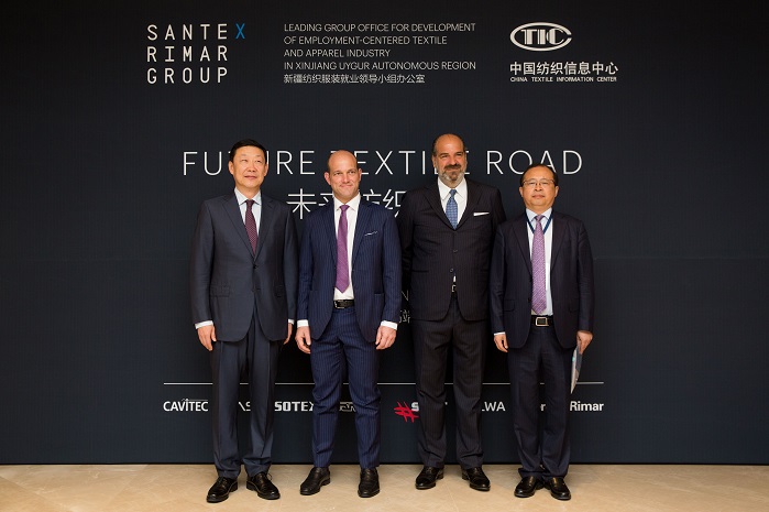 From left to right: Zhao Qing, Xinjiang Uygur Autonomous Region Vice Chairman; Stefano Gallucci, Santex Rimar Group CEO; Ferdinando Businaro, Santex Rimar Group President; Liang Yong, Xinjiang Uygur Autonomous Region People's Government Deputy Secretary-General, Xinjiang Textile and Apparel Employment Leading Group Office Director. © Santex Rimar Group